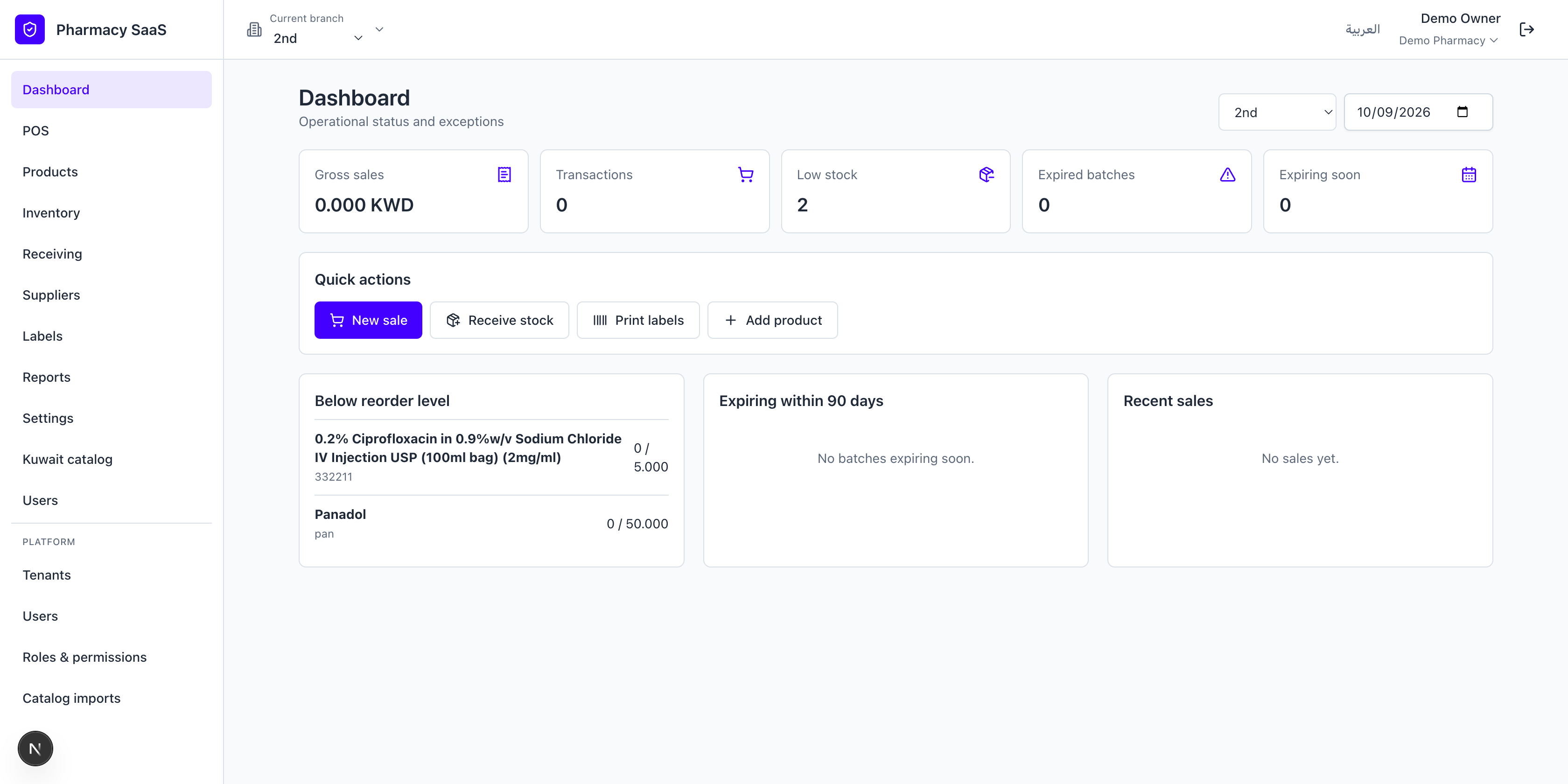 PharmacyOS dashboard showing sales, stock, and expiry attention